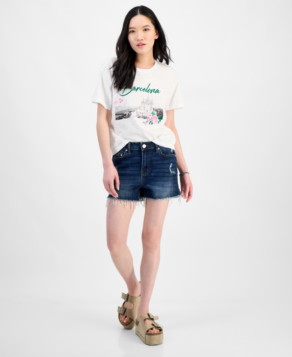 Juniors' Frayed-Hem Destructed Shorts - Dark Wash
