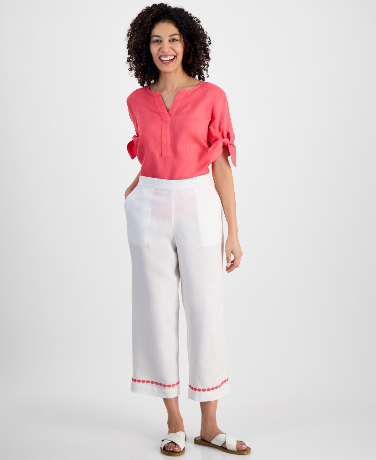 CHARTER CLUB PETITE 100% LINEN EMBROIDERED CROPPED PANTS, EXCLUSIVELY AT MACY'S 