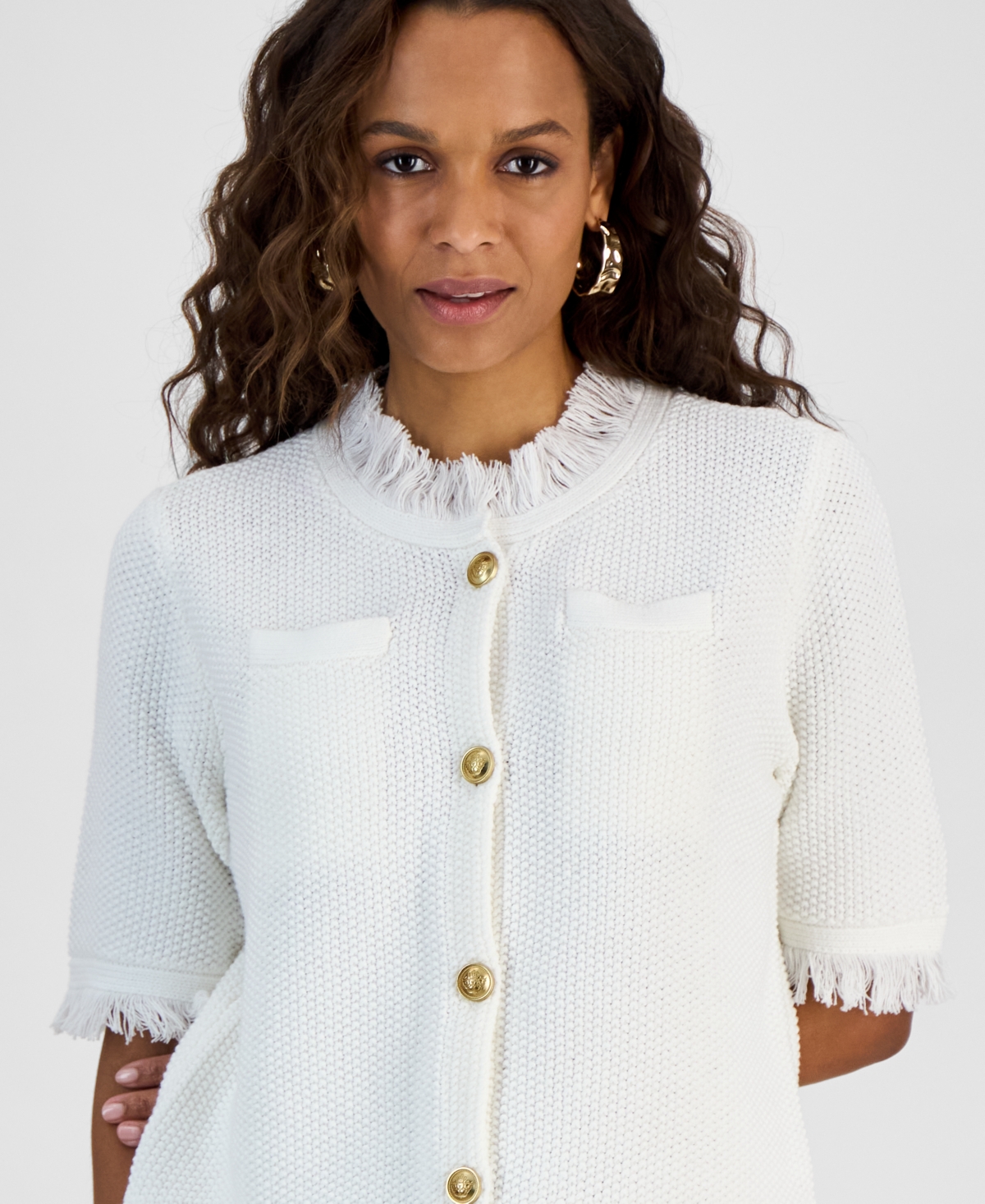Inc International Concepts Petite Short-sleeve Cardigan, Exclusively At Macy's In White
