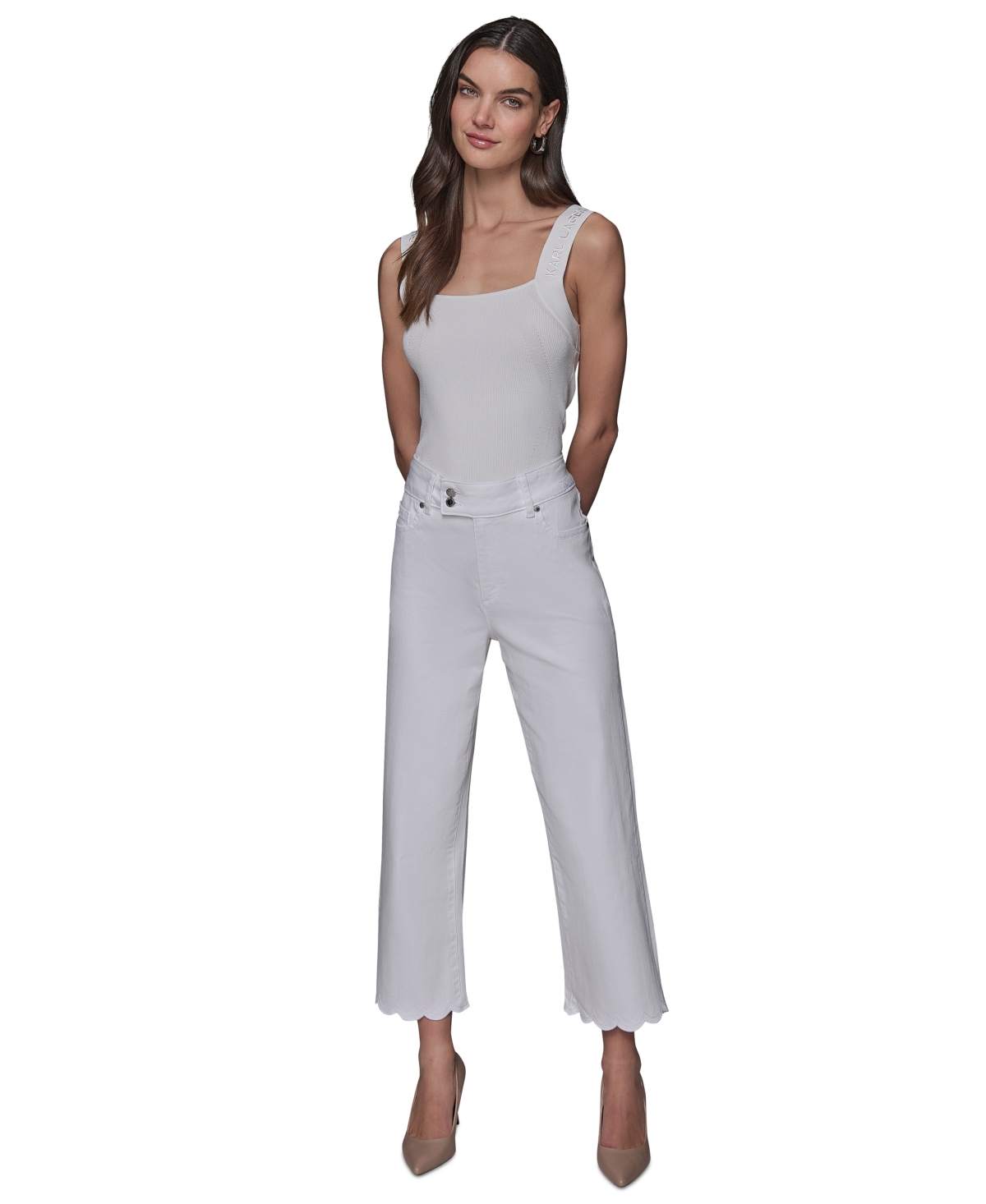 Karl Lagerfeld Women's Scalloped-edge Cropped Jeans In White Denim