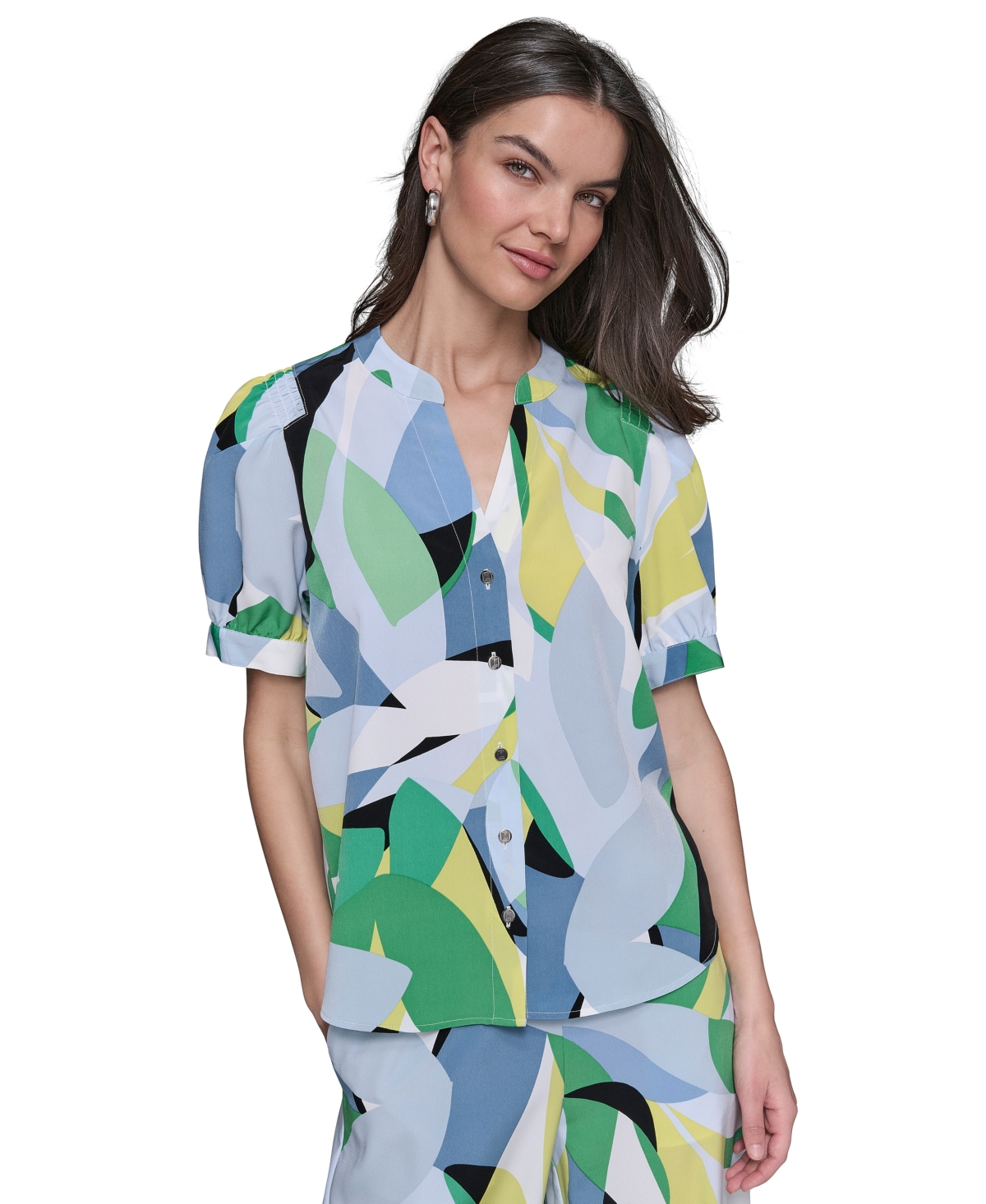 KARL LAGERFELD KARL LAGERFELD WOMEN'S PRINTED PUFF-SLEEVE BUTTON-FRONT TOP 