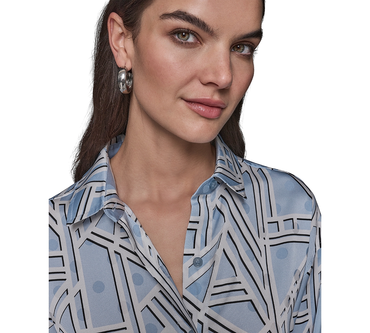 Shop Karl Lagerfeld Women's Satin Geo-print Oversized Button-front Top In Chambray Blue