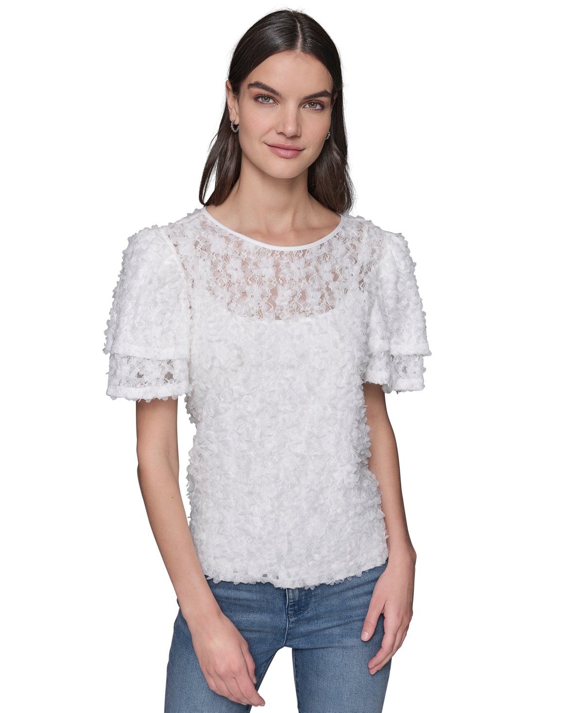 Karl Lagerfeld Women's Ruffled-sleeve Lace Top In White