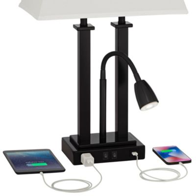 Deacon Modern Desk Table Lamp 26" High Black with USB and AC Power Outlet in Base LED Reading Light Oatmeal Shade for Office Desk