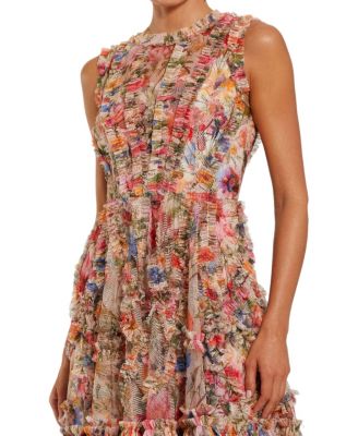 Women's Mesh Micro Ruffle High Neck Mini Dress