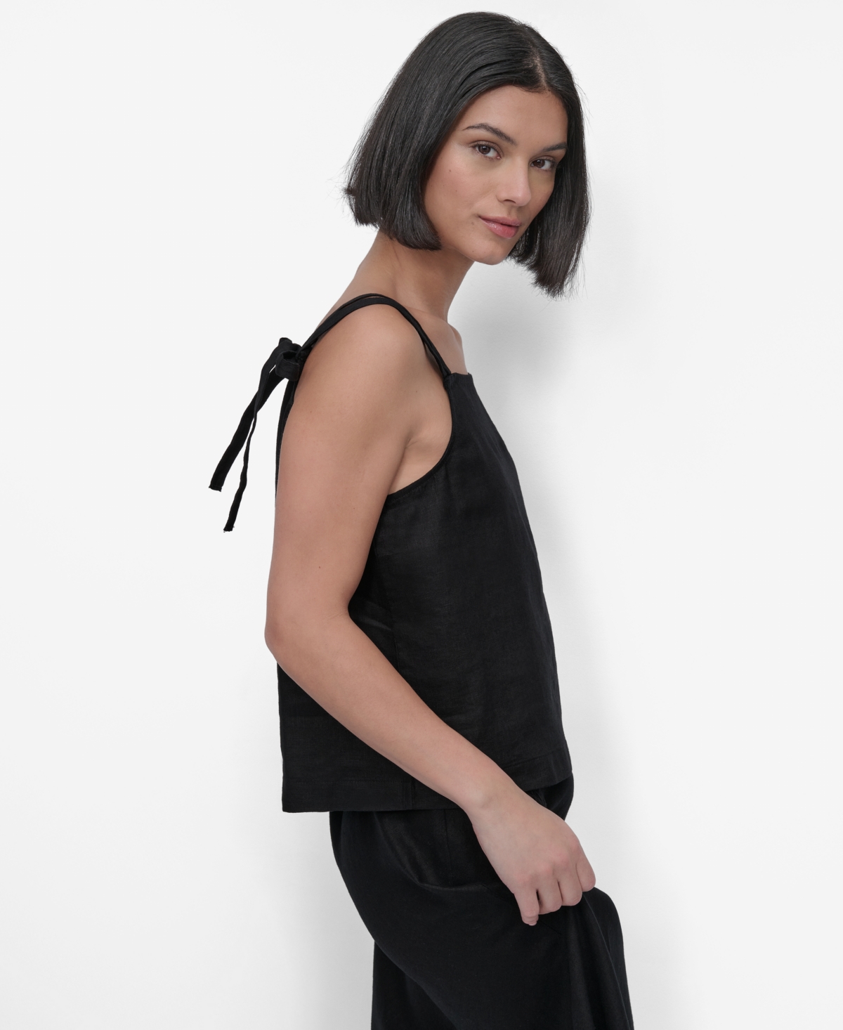 Shop Dkny Women's Linen Tie-strap Tank Top In Black
