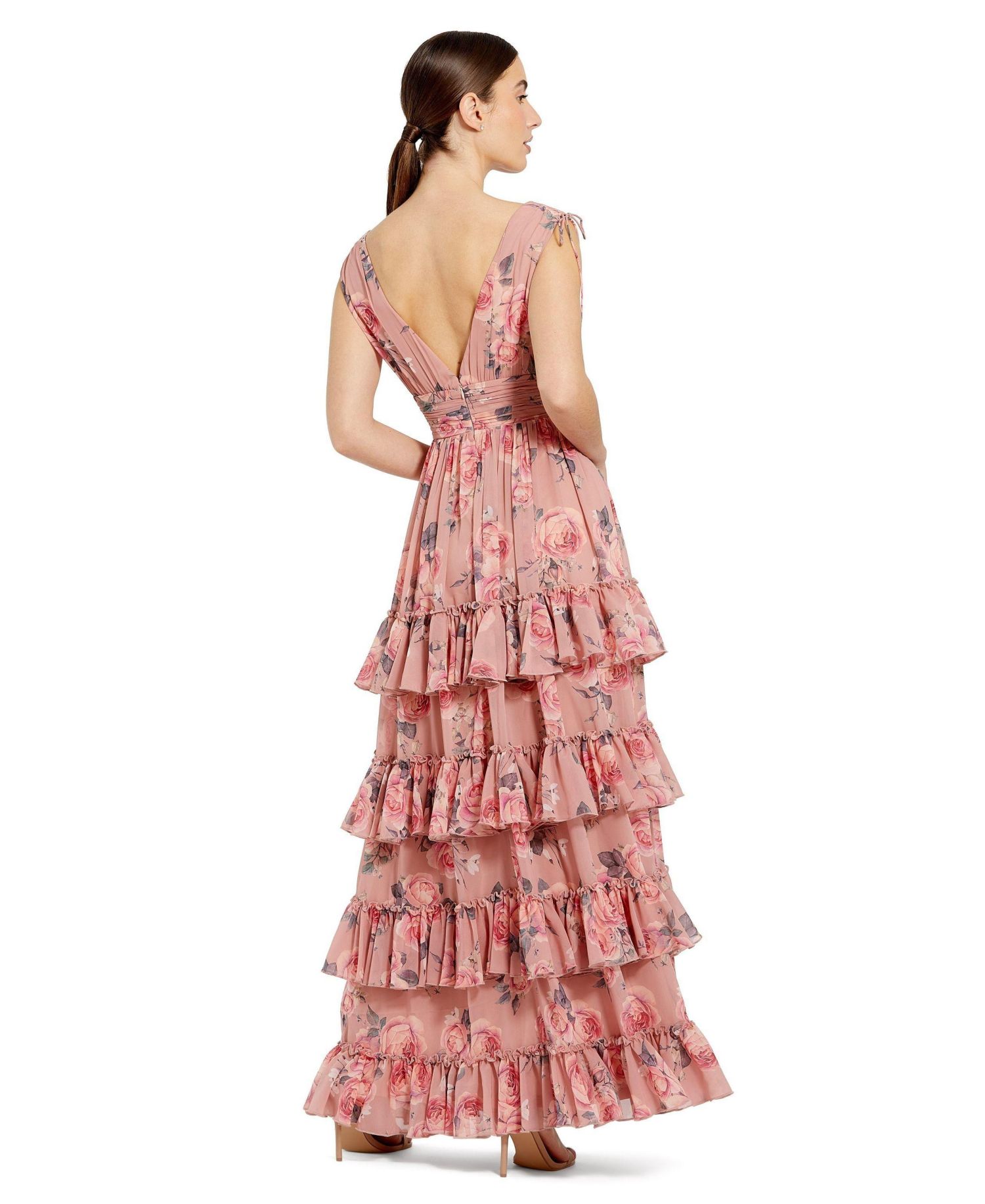 Women's Drawstring Shoulder Floral Chiffon Tiered Gown