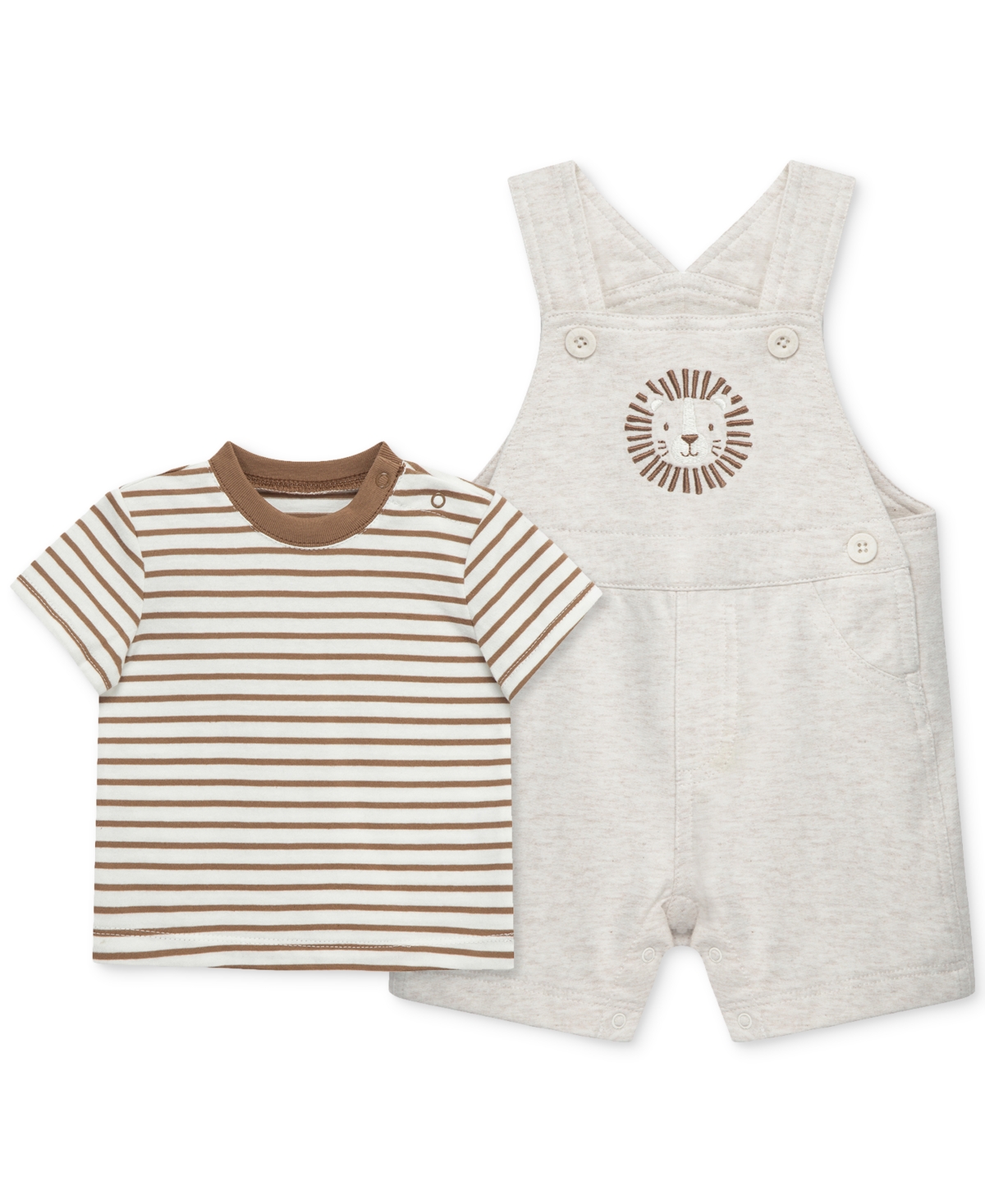 Little Me Baby Boys 2-pc. Stripe T-shirt & Lion Shortall Set In Oatmeal