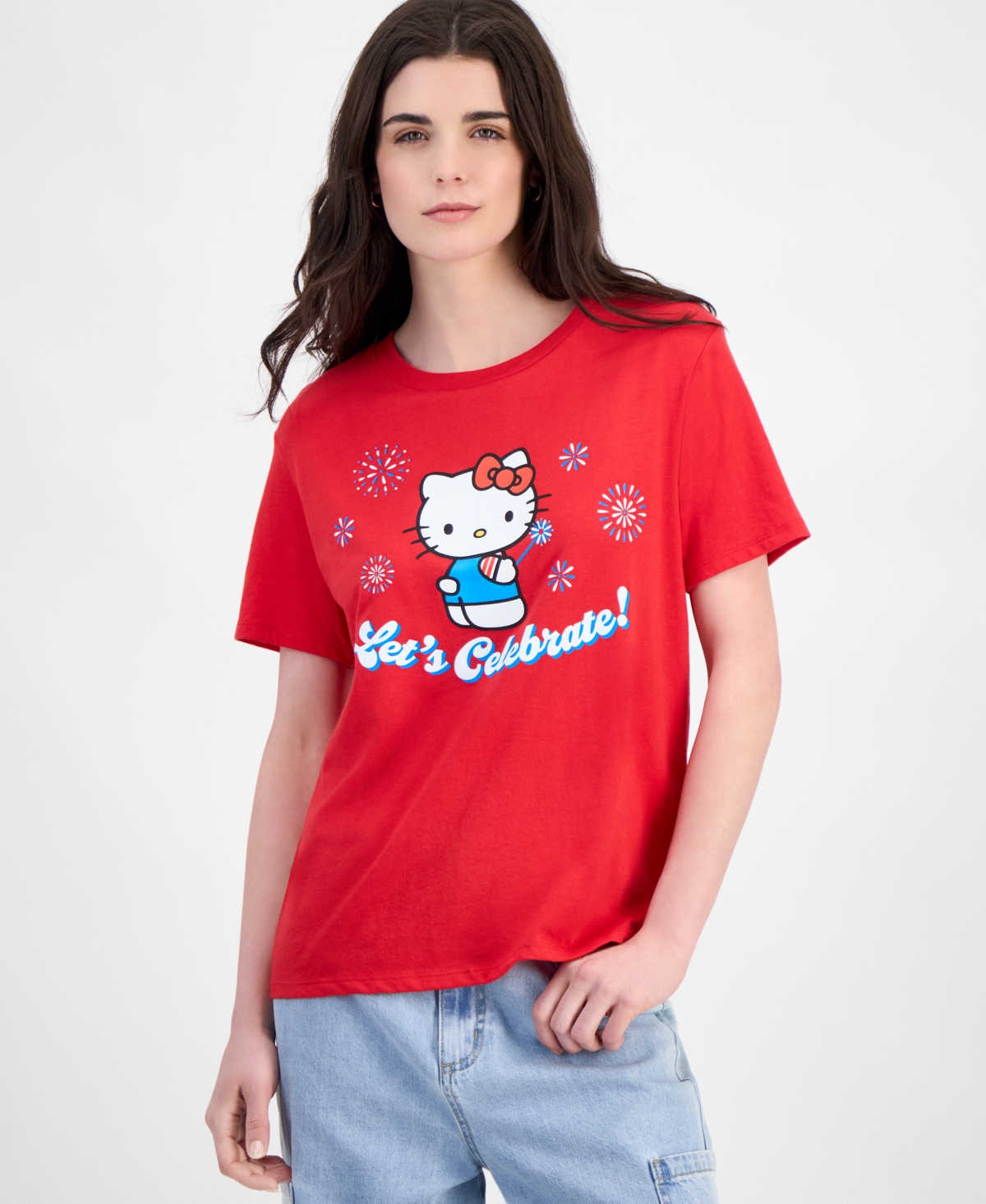 Juniors' Hello Kitty Fireworks Graphic-Print Crewneck Tee - Red