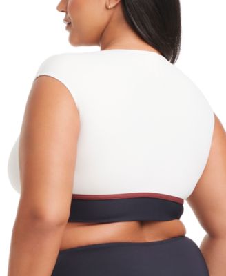 Plus Size Button-Down Cap-Sleeve Cropped Swim Top