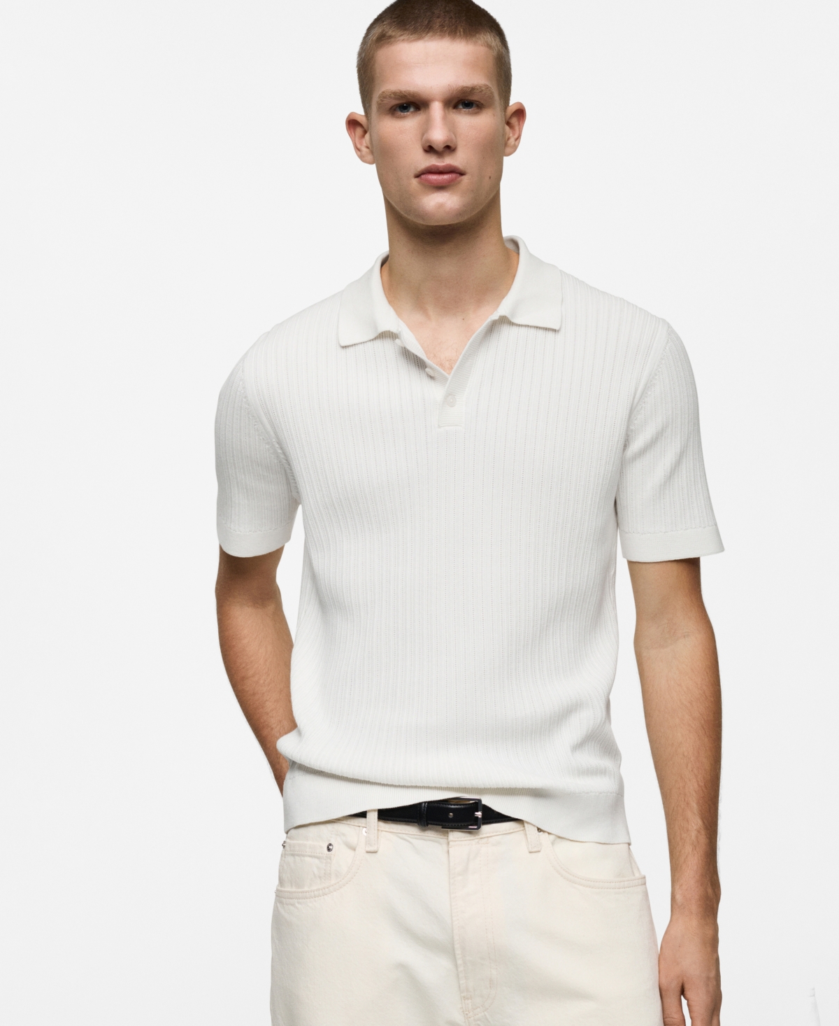 Men's Fine-Knit Ribbed Cotton Polo Shirt - White