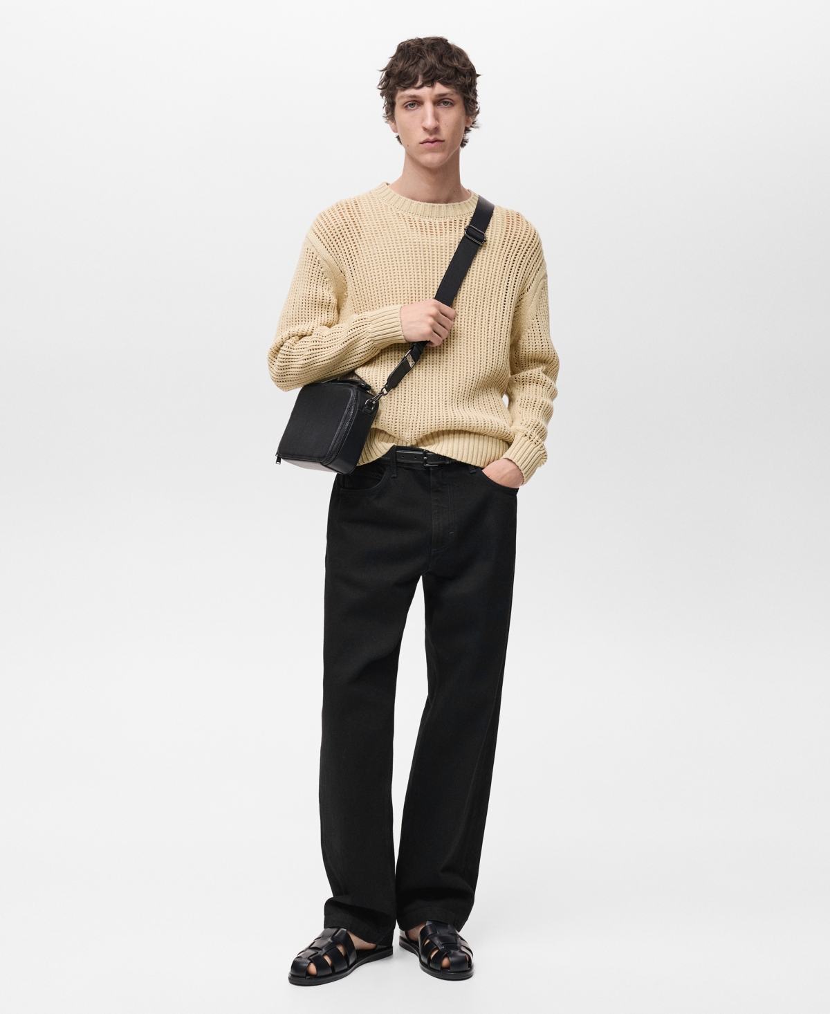 Mango Oversize Openwork Cotton Crewneck Sweater In Beige