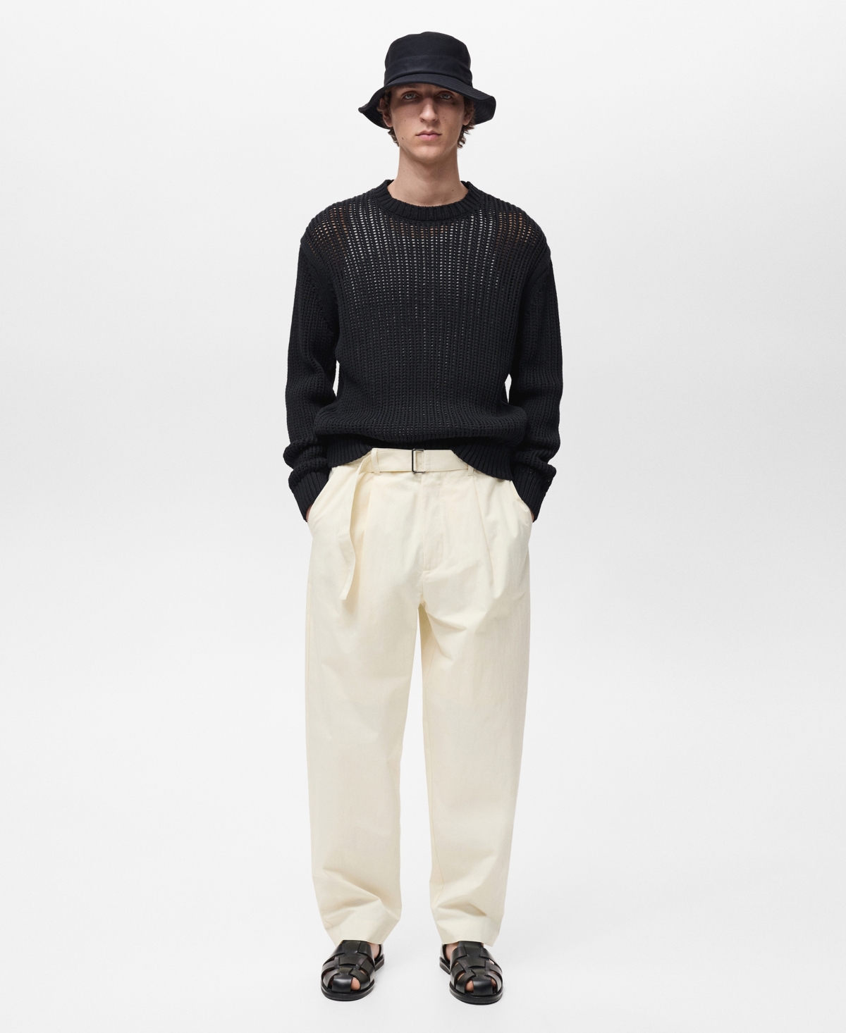 Mango Relaxed Belted Technical Pants In Ecru