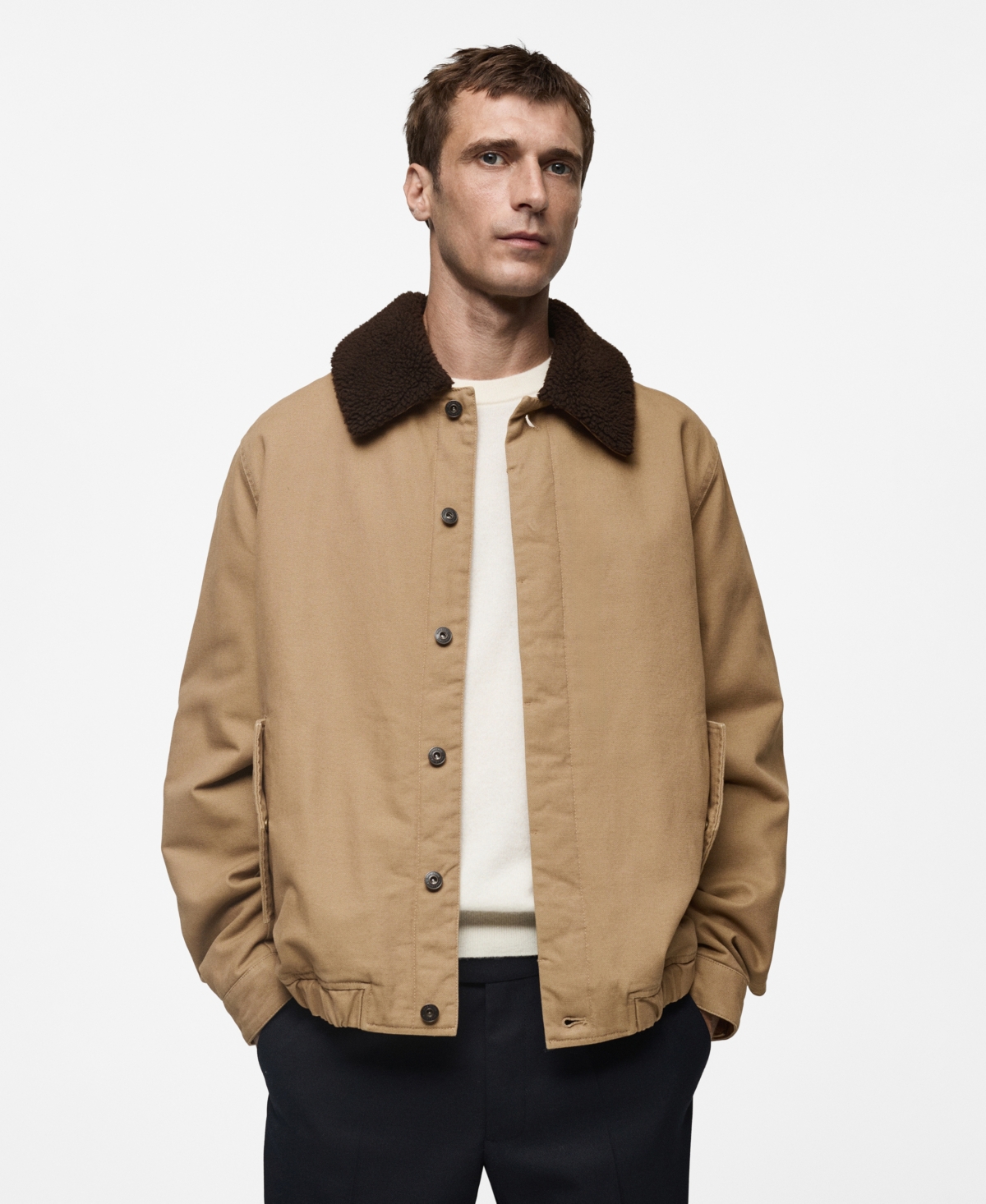 Mango Canvas Insulated Jacket With Faux Shearling Collar In Medium Brown