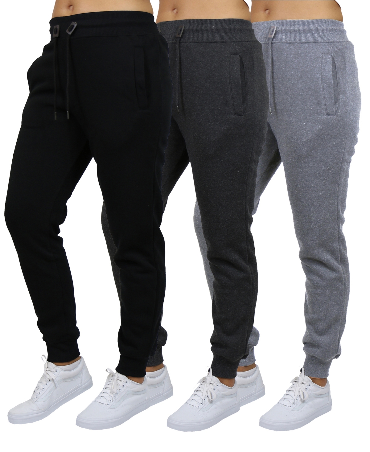 Galaxy By Harvic Women's Loose-fit Fleece Jogger Sweatpants 3-pack In Black-charcoal-gray