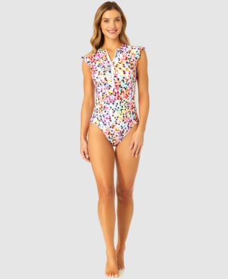 Anne Cole Women's Abstract Dot Flutter-Sleeve Zip-Front One