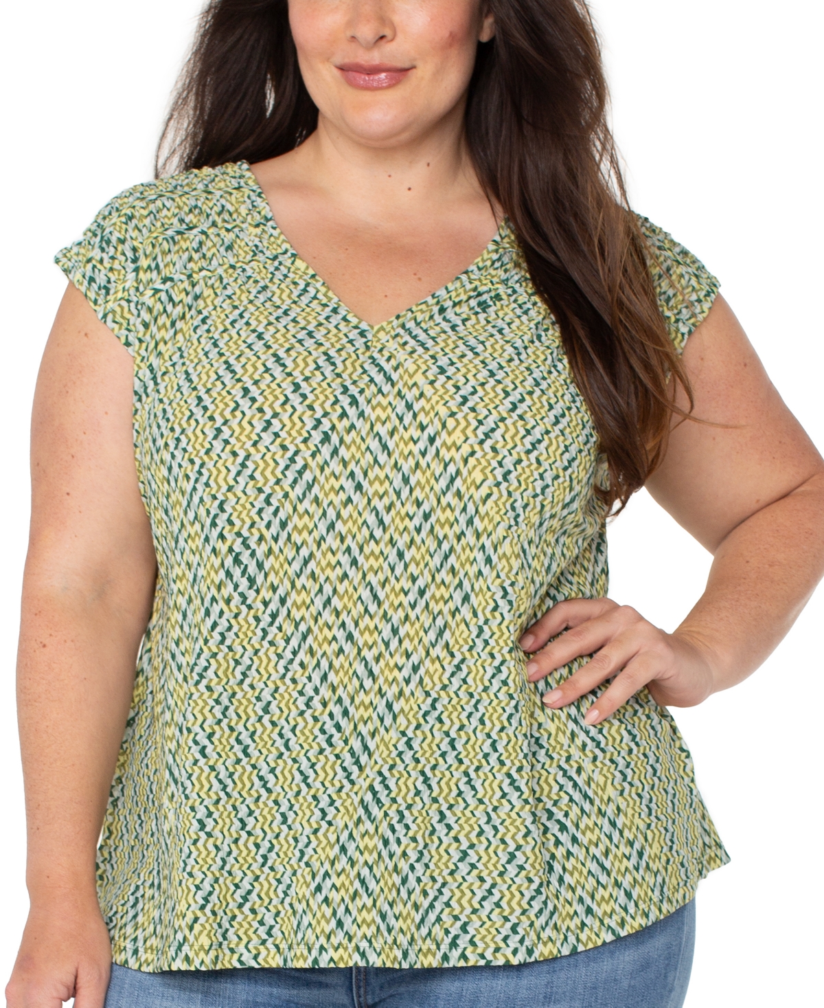 Liverpool Plus Size Tie-Back Knit Top - Green Mini Chevron