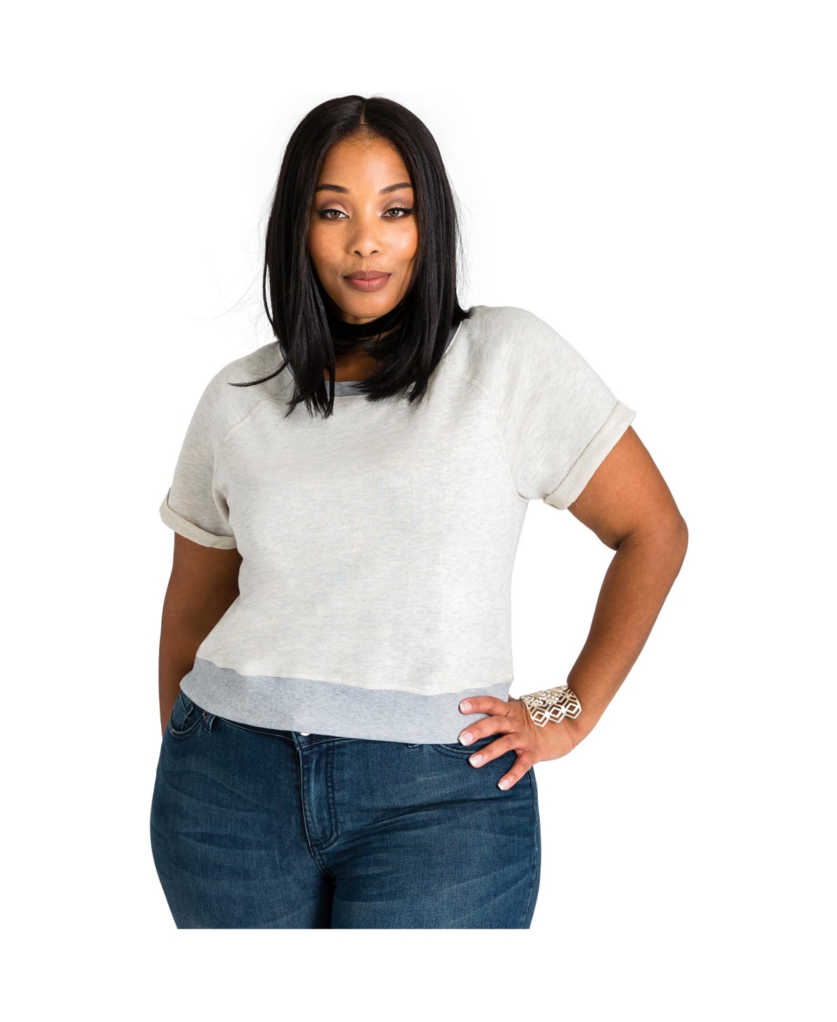 Plus Size French Terry Open Back Short Sleeve Sweatshirt - Oatmeal grey