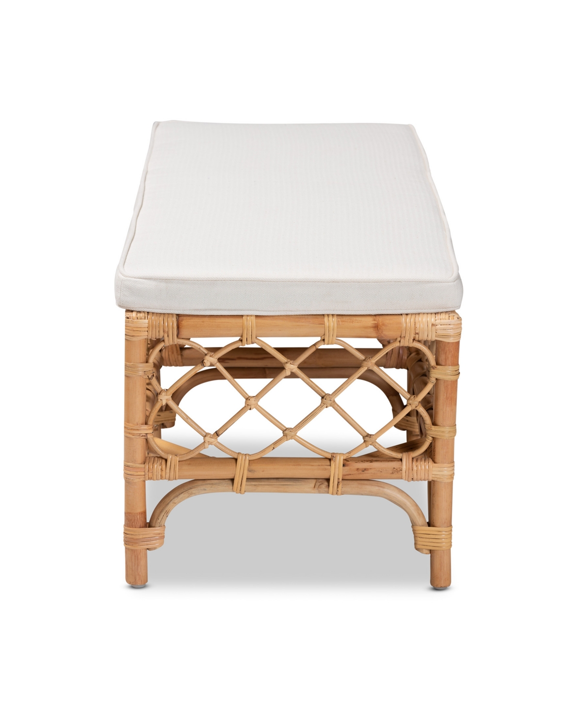 Bali & Pari 48" Upholstered And Natural Rattan Orchard Modern Bohemian Accent Bench In White,natural Brown