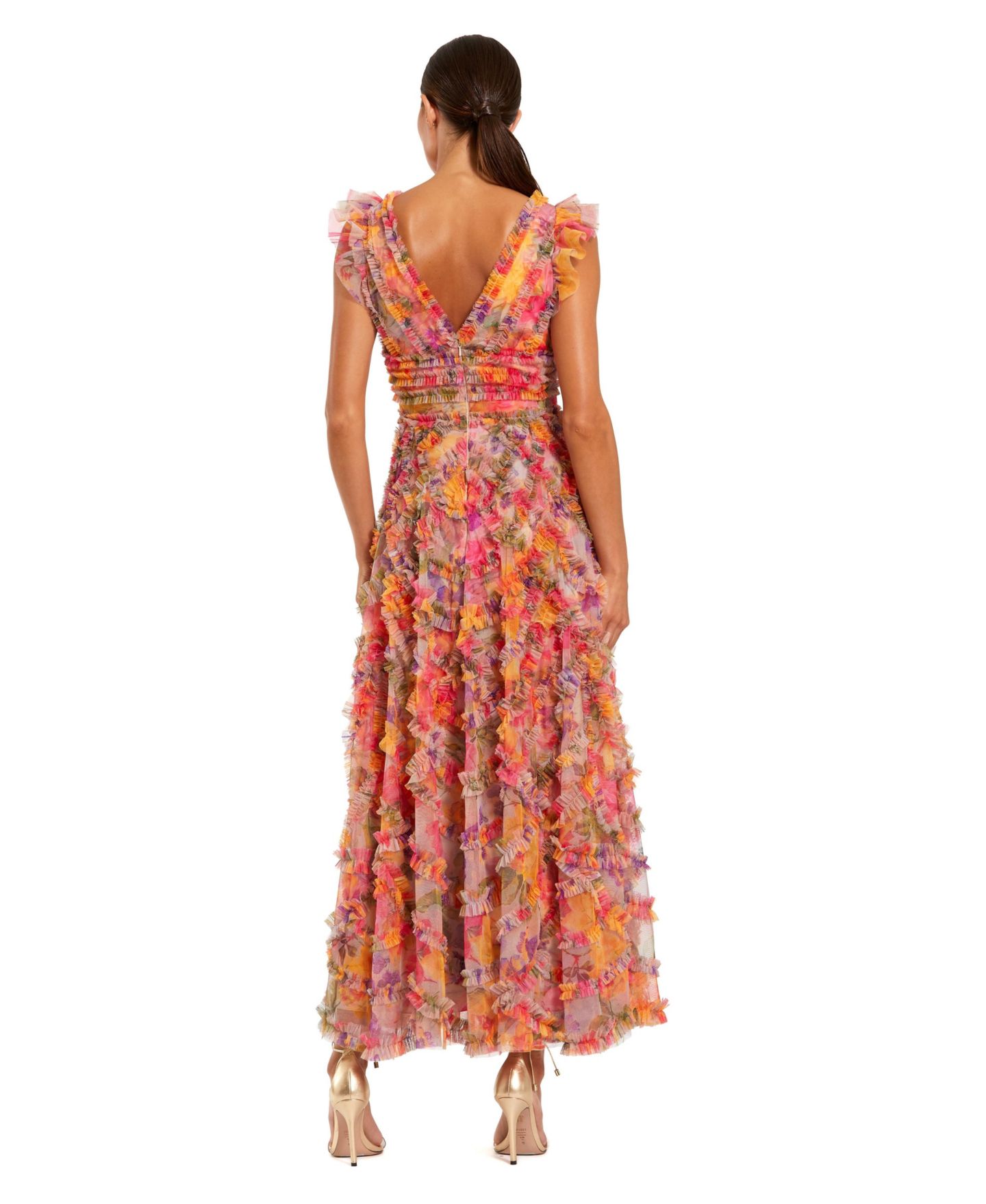 Женское платье Mac Duggal Floral Mesh Ruffle V Neck Ankle, цвет: Разноцветный — фото 2