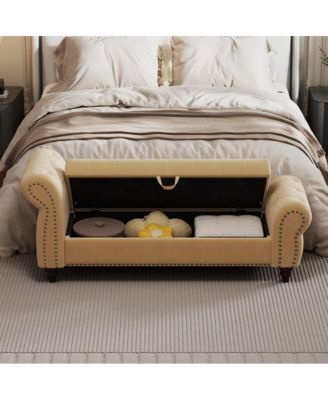 64.5 Inch Velvet Upholstered Storage Bench, Tufted Bed Bench with Nailhead Trim for Bedroom