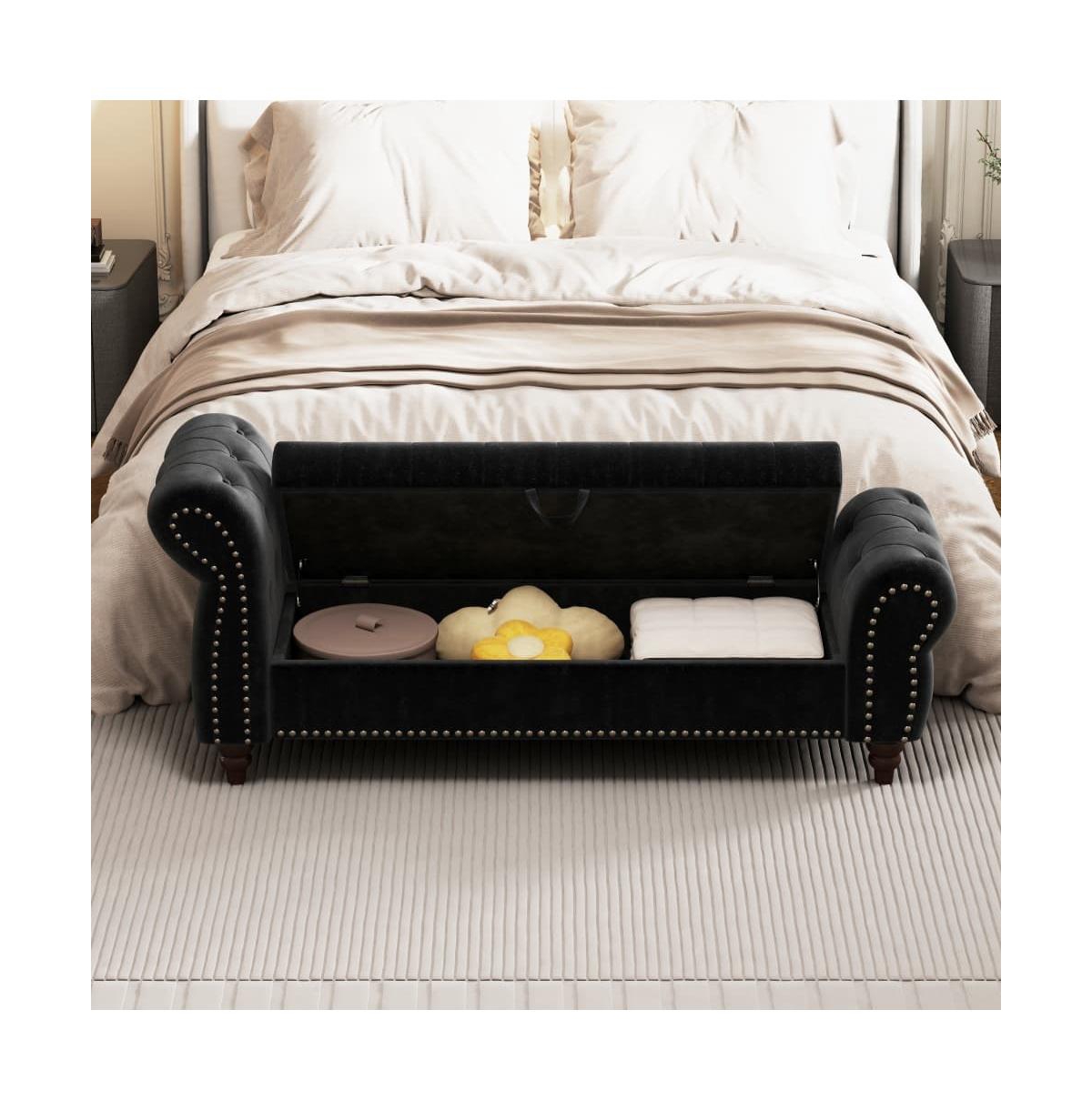 64.5 Inch Velvet Upholstered Storage Bench, Tufted Bed Bench with Nailhead Trim for Bedroom-The Pop Home