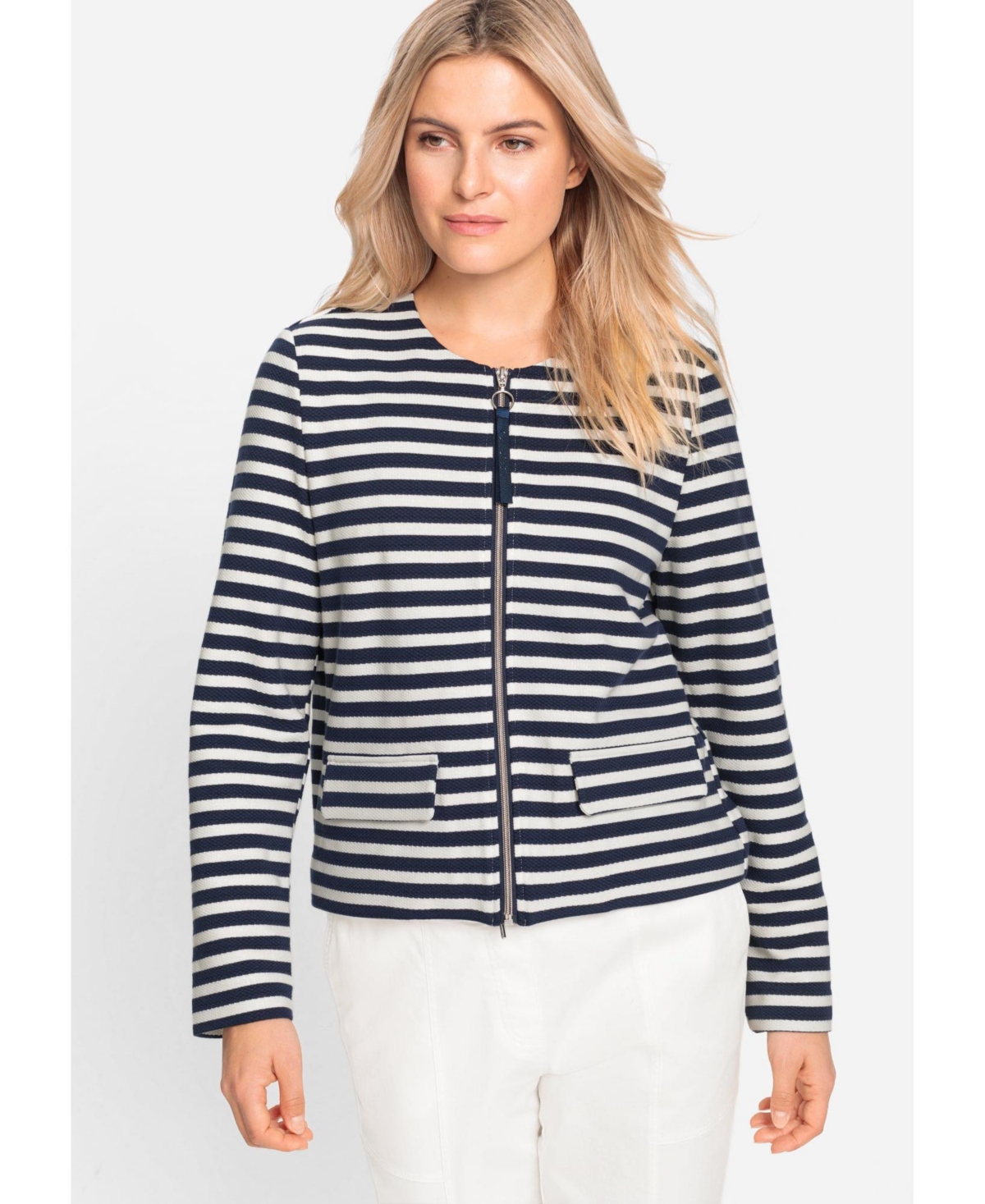Women's Striped Collarless Zip Front Jacket - Ink blue