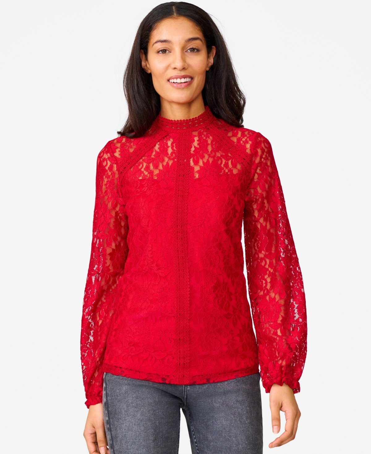 Cable & Gauge Women's Lace Trim Mock Neck Top