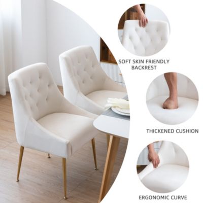 Modern Velvet Upholstered Dining Chairs Set of 2, Mid Century Side Chairs with 5.12” Cushions and Back Pull Rod for Kitchen, Living Room