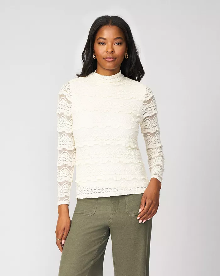 Women's Ruffle Lace Stretch Mock Neck Top