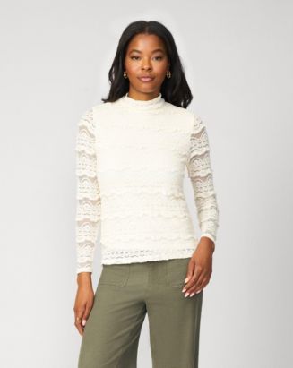 Cable & Gauge Women's Ruffle Lace Stretch Mock Neck Top - Macy's