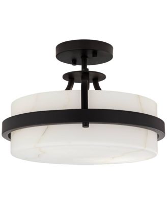 Bregman 13" Modern Semi Flush-Mount Ceiling Light Fixture Kitchen Foyer Drum Black Finish White Stone Glass