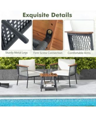 Set of 3 Furniture Set w/ 2-Tier Coffee Table Acacia Wood Armrests Tabletop Patio