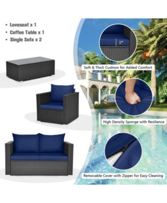 Set of 4 Rattan Furniture Set Cushioned Sofa Chair Coffee Table Patio