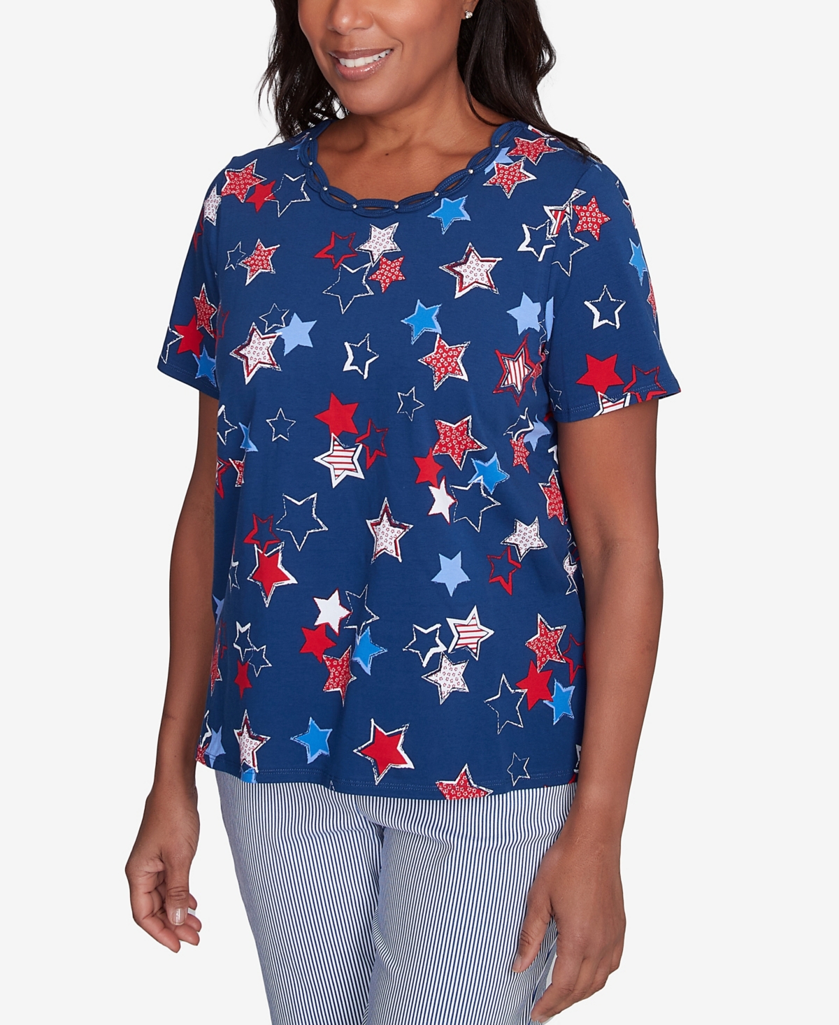 Alfred Dunner Plus Size Star Studded Crew Neck Tee In Navy