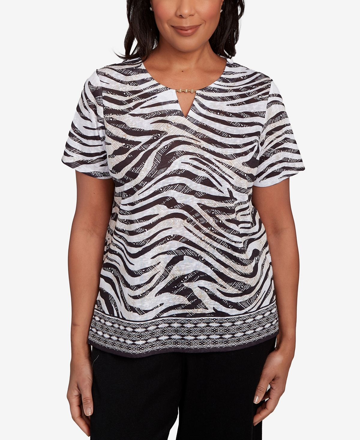 Alfred Dunner Women's Beaded Split Neck Animal Print Top In Multi