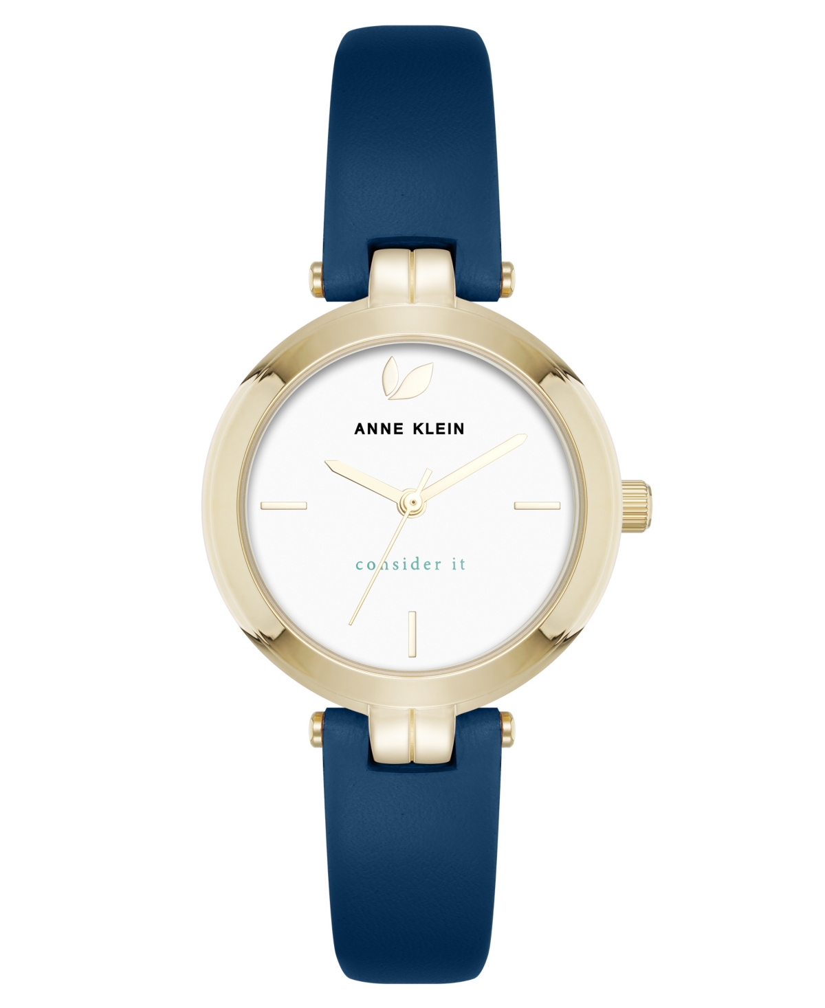 Anne Klein Women's Quartz Round Blue Leather And Gold-tone Metal Alloy Strap Watch, 32mm In Gold-tone,blue