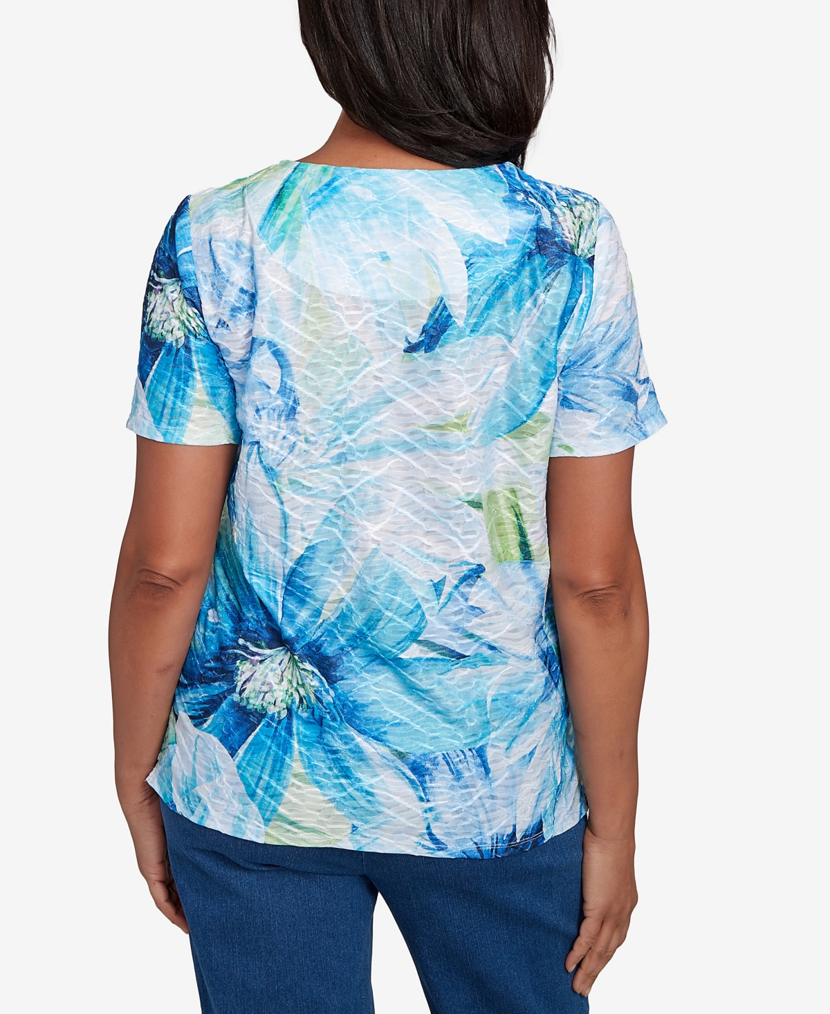 Alfred Dunner Petite Summer Breeze Floral Watercolor Top In Blue