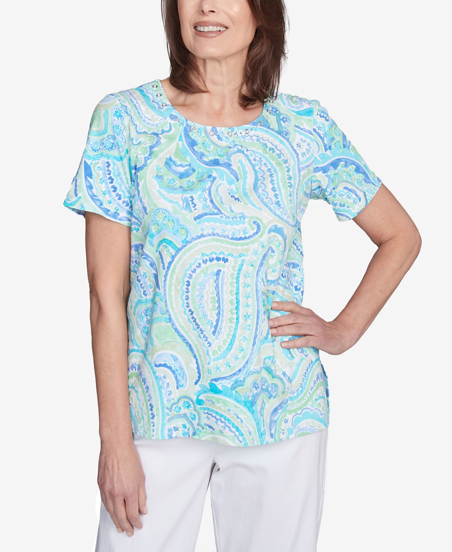 Women's Pleated Crew Neck Paisley Top