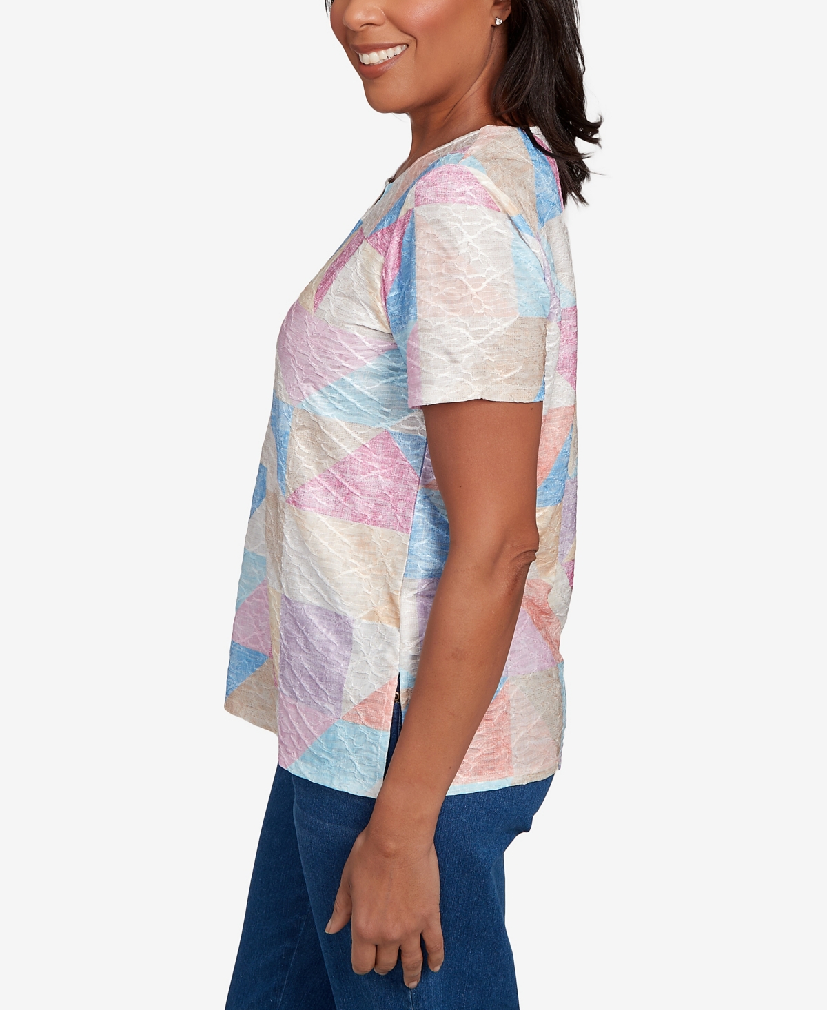 Alfred Dunner Women's Keyhole Geometric Patchwork Top In Blue