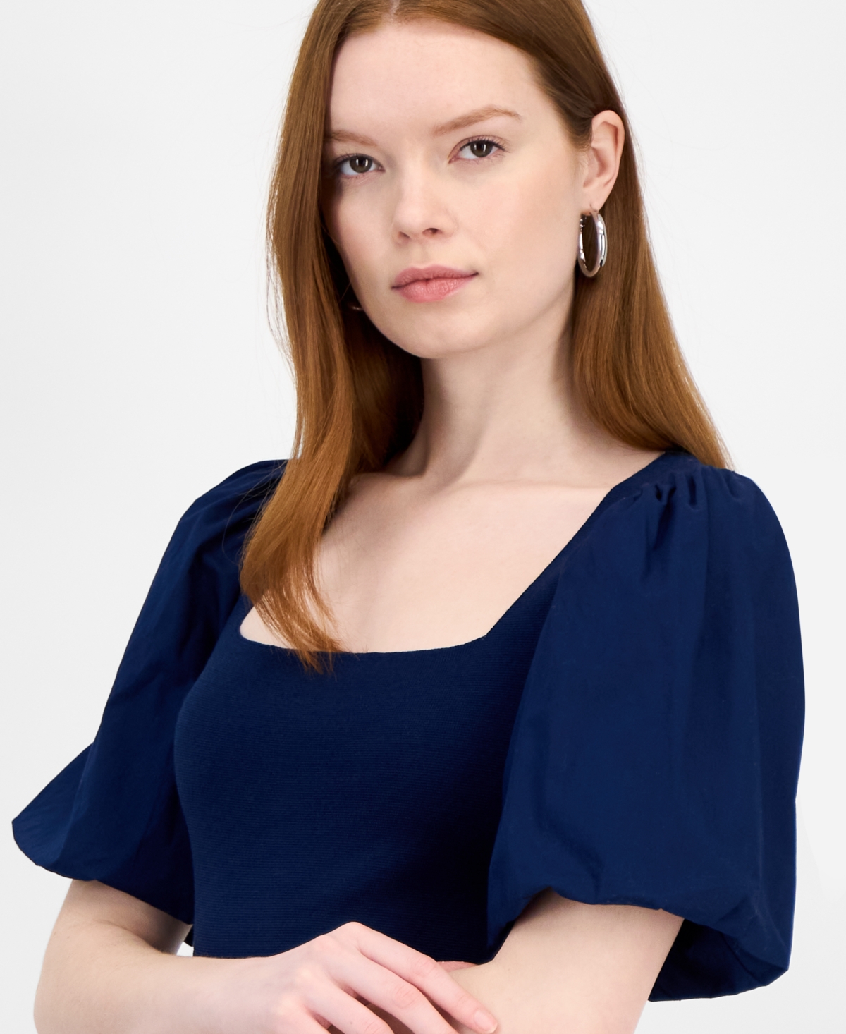 T Tahari Women's Mixed-media Square-neck Puff-sleeve Top