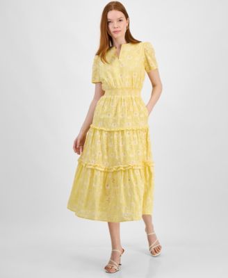 t tahari printed tiered midi dress Elie Tahari The Adela Tiered Ikat-Print Midi Dress