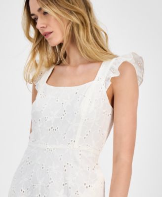 Women's Eyelet Square-Neck Tiered Midi Dress