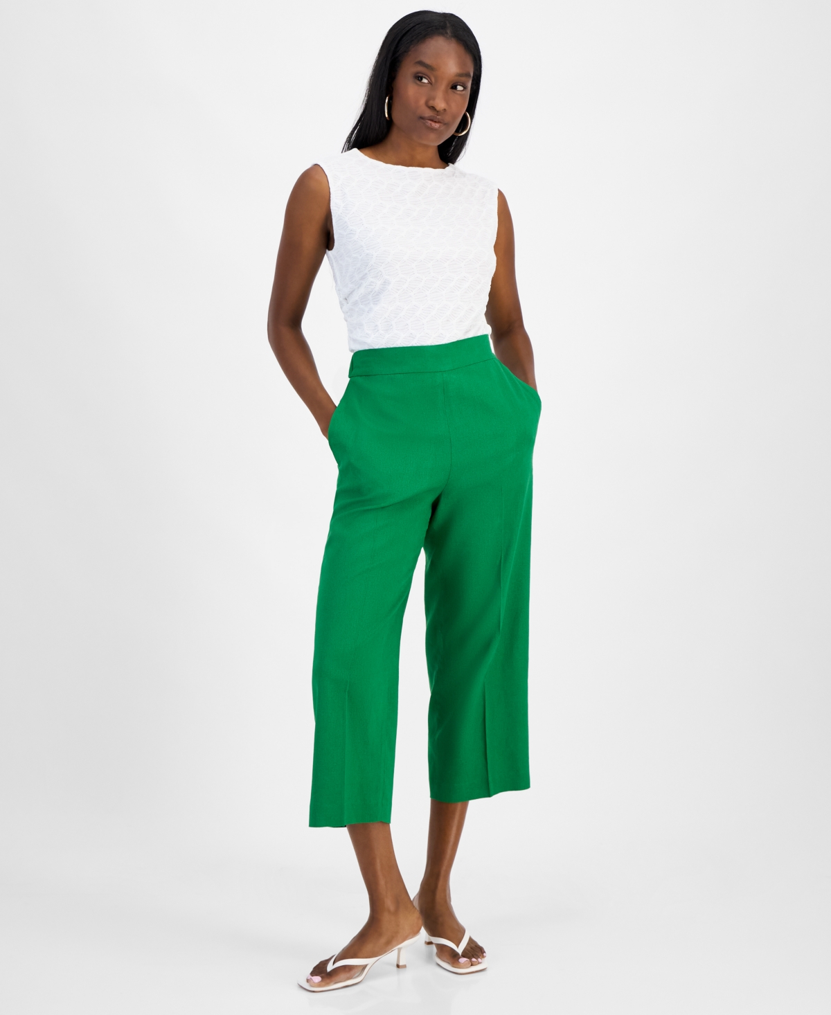 Women's Linen-Blend Pull-On Cropped Wide-Leg Pants, Exclusively at Macy's - Green Chili