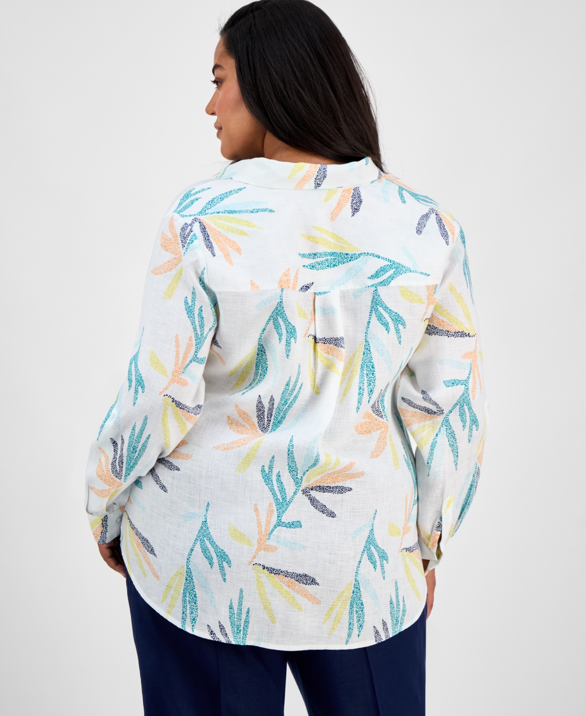 CHARTER CLUB PLUS SIZE 100% LINEN PALM PRINT SHIRT, EXCLUSIVELY AT MACY'S 