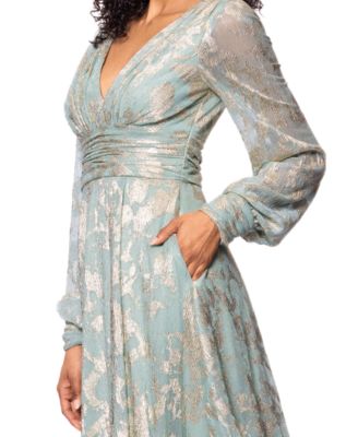 Women's Metallic V-Neck Ruched-Waist Gown