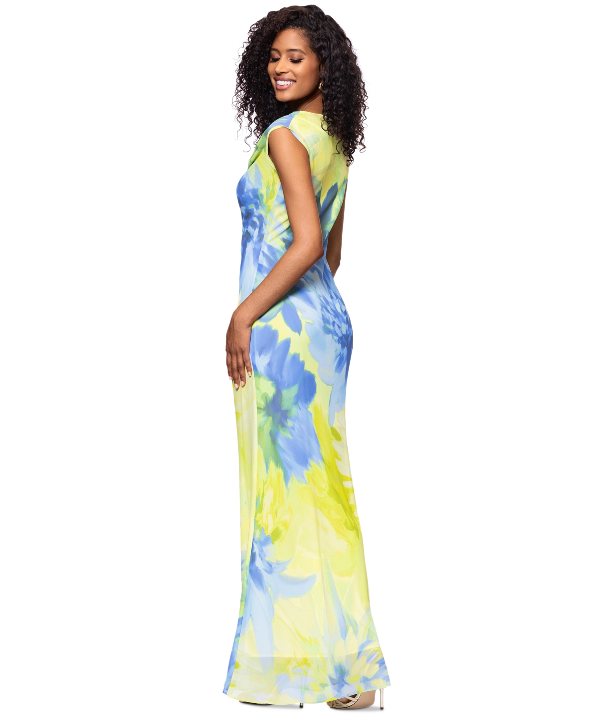 Betsy & Adam Women's Printed Cowlneck Sleeveless Gown In Citrine