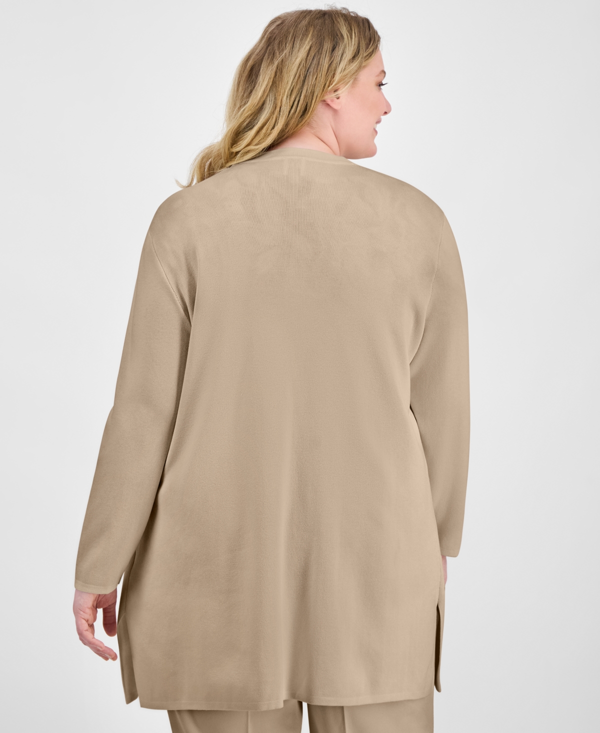 AK ANNE KLEIN PLUS SIZE OPEN-FRONT LONG-SLEEVE SIDE-SLIT CARDIGAN 