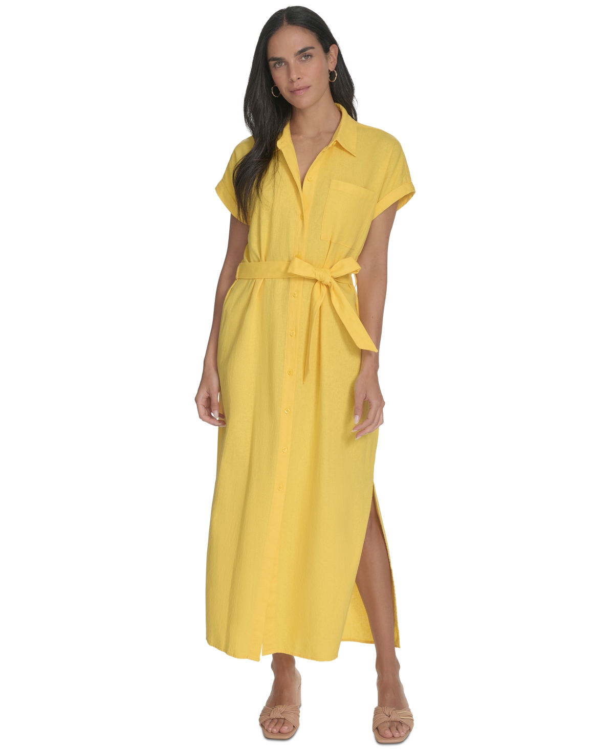 Shop Calvin Klein Women's Cuffed-sleeve Maxi Shirtdress In Daffodil