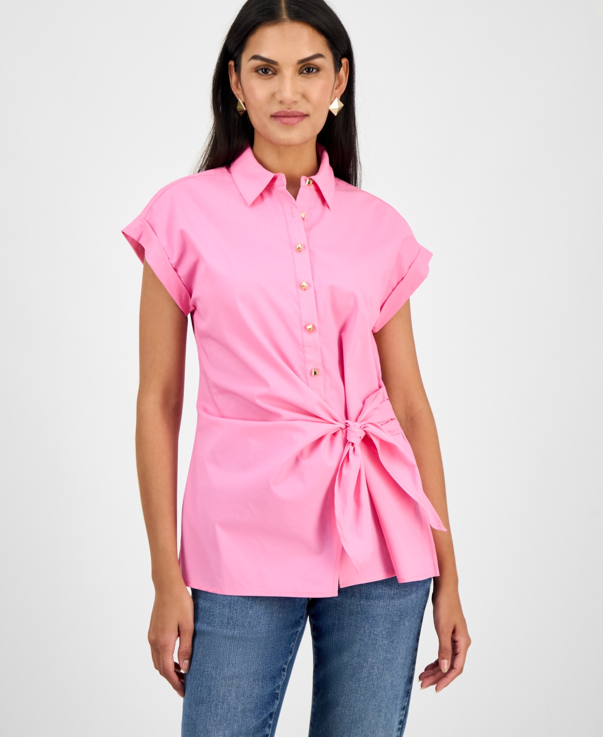 Women's Twist-Front Tie-Waist Shirt, Exclusively at Macy's - Pink Shade